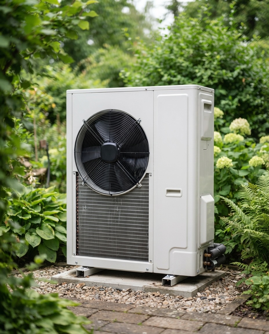 Unité extérieure d'une pompe à chaleur air/eau installée dans un jardin
